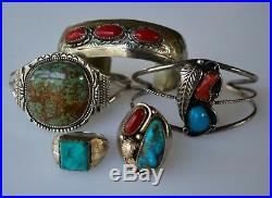 Old Pawn Sterling Silver Turquoise Coral Navajo Cuff Ring Lot Hallmarked 3+oz