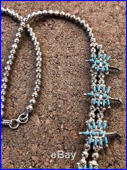 Old Pawn ZUNI Sterling Silver Turquoise Needlepoint SQUASH BLOSSOM Necklace 26