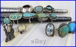 Old pawn sterling silver turquoise coral agate lot of 13 rings Navajo 122 g