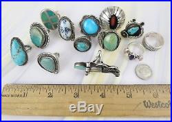 Old pawn sterling silver turquoise coral agate lot of 13 rings Navajo 122 g