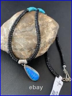Opal Pendant Onyx Heishi & Turquoise Navajo Sterling Silver Necklace 4329