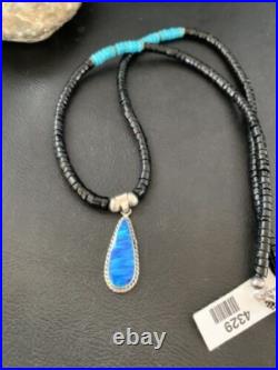 Opal Pendant Onyx Heishi & Turquoise Navajo Sterling Silver Necklace 4329