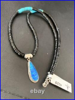 Opal Pendant Onyx Heishi & Turquoise Navajo Sterling Silver Necklace 4329