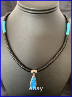 Opal Pendant Onyx Heishi & Turquoise Navajo Sterling Silver Necklace 4329