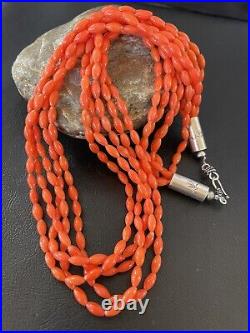 Orange Coral 5 Strand Navajo Sterling Silver Barrel Bead Necklace 22 10437