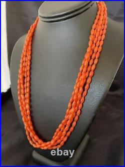 Orange Coral 5 Strand Navajo Sterling Silver Barrel Bead Necklace 22 10437