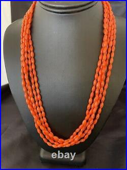 Orange Coral 5 Strand Navajo Sterling Silver Barrel Bead Necklace 22 10437