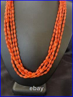 Orange Coral 5 Strand Navajo Sterling Silver Barrel Bead Necklace 22 10437