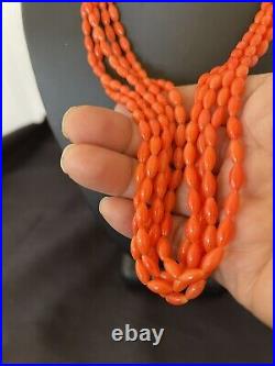 Orange Coral 5 Strand Navajo Sterling Silver Barrel Bead Necklace 22 10437