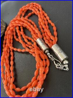 Orange Coral 5 Strand Navajo Sterling Silver Barrel Bead Necklace 22 10437