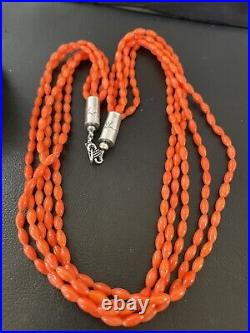 Orange Coral 5 Strand Navajo Sterling Silver Barrel Bead Necklace 22 10437