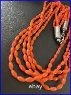 Orange Coral 5 Strand Navajo Sterling Silver Barrel Bead Necklace 22 10437