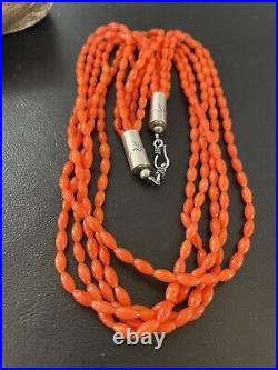 Orange Coral 5 Strand Navajo Sterling Silver Barrel Bead Necklace 22 10437