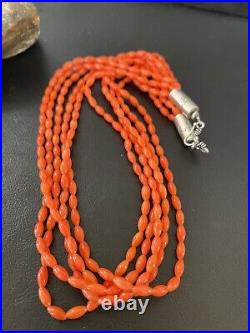 Orange Coral 5 Strand Navajo Sterling Silver Barrel Bead Necklace 22 10437