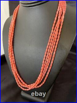 Orange Coral 5 Strand Navajo Sterling Silver Barrel Bead Necklace 22 10437