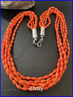 Orange Coral 5 Strand Navajo Sterling Silver Barrel Bead Necklace 22 10437