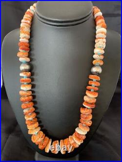 Orange Spiny Oyster & Turquoise Navajo Sterling Silver Necklace 1504