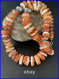 Orange Spiny Oyster & Turquoise Navajo Sterling Silver Necklace 1504
