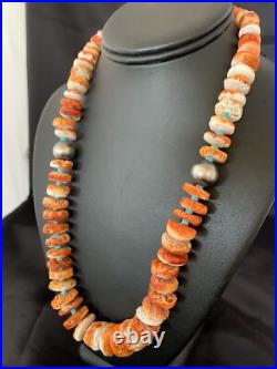Orange Spiny Oyster & Turquoise Navajo Sterling Silver Necklace 1504