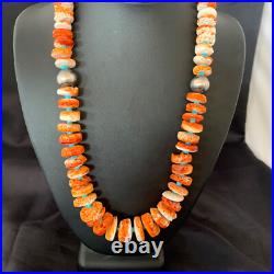 Orange Spiny Oyster & Turquoise Navajo Sterling Silver Necklace 1504