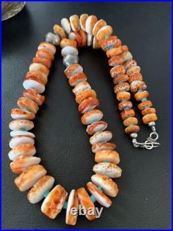 Orange Spiny Oyster & Turquoise Navajo Sterling Silver Necklace 1504