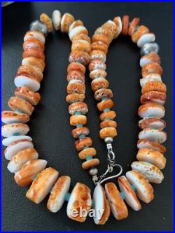 Orange Spiny Oyster & Turquoise Navajo Sterling Silver Necklace 1504
