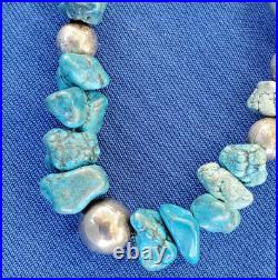 Original NATIVE VINTAGE NAVAJO TURQUOISE STERLING SILVER Beads NECKLACE 21 INCH