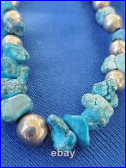 Original NATIVE VINTAGE NAVAJO TURQUOISE STERLING SILVER Beads NECKLACE 21 INCH