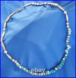 Original NATIVE VINTAGE NAVAJO TURQUOISE STERLING SILVER Beads NECKLACE 21 INCH