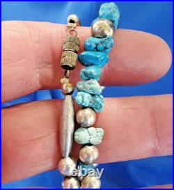 Original NATIVE VINTAGE NAVAJO TURQUOISE STERLING SILVER Beads NECKLACE 21 INCH