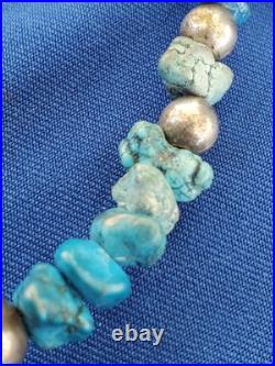 Original NATIVE VINTAGE NAVAJO TURQUOISE STERLING SILVER Beads NECKLACE 21 INCH