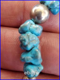 Original NATIVE VINTAGE NAVAJO TURQUOISE STERLING SILVER Beads NECKLACE 21 INCH