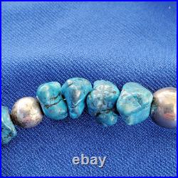 Original NATIVE VINTAGE NAVAJO TURQUOISE STERLING SILVER Beads NECKLACE 21 INCH