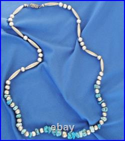 Original NATIVE VINTAGE NAVAJO TURQUOISE STERLING SILVER Beads NECKLACE 21 INCH