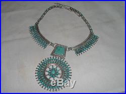 P. M. Begay Vtg Sterling Silver Petit Point Turquoise Squash Blossom Necklace