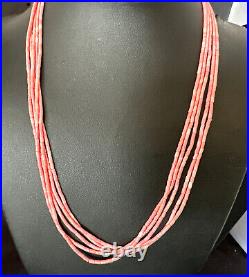 Pink Conch Tube Heishi Bead 5 Strand Navajo Sterling Silver Necklace 19 16545