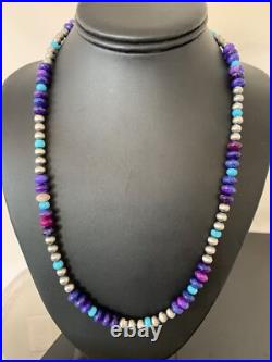 Purple Stone & Turquoise Navajo Pearls Sterling Silver Necklace 20 1370