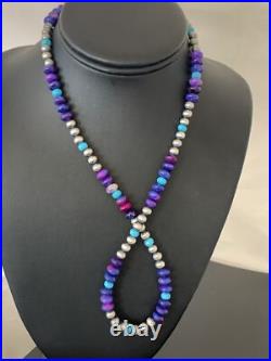 Purple Stone & Turquoise Navajo Pearls Sterling Silver Necklace 20 1370