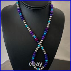 Purple Stone & Turquoise Navajo Pearls Sterling Silver Necklace 20 1370