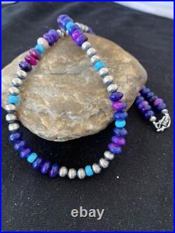 Purple Stone & Turquoise Navajo Pearls Sterling Silver Necklace 20 1370