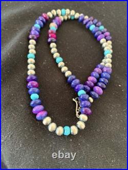 Purple Stone & Turquoise Navajo Pearls Sterling Silver Necklace 20 1370