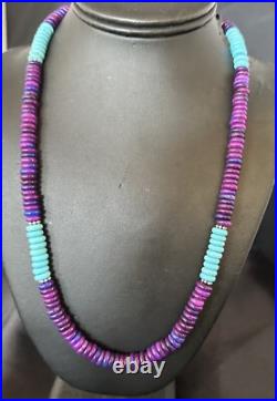 Purple Sugilite Blue Turquoise Bead Navajo Sterling Silver Necklace 22 17915