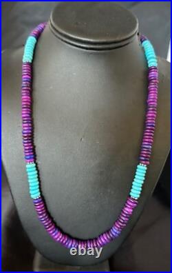 Purple Sugilite Blue Turquoise Bead Navajo Sterling Silver Necklace 22 17915