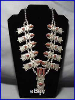 Quality Vintage Navajo Coral Kachina Sterling Silver Squash Blossom Necklace
