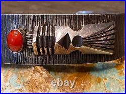 RARE Navajo NORBERT PESHLAKAI Sterling Silver & Red Coral Cuff Bracelet Must See