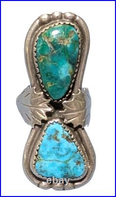 RARE VINTAGE NAVAJO DOUBLE blue & green TURQUOISE STERLING SILVER RING OLD PAWN