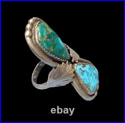 RARE VINTAGE NAVAJO DOUBLE blue & green TURQUOISE STERLING SILVER RING OLD PAWN