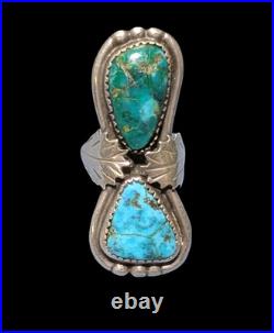 RARE VINTAGE NAVAJO DOUBLE blue & green TURQUOISE STERLING SILVER RING OLD PAWN