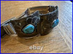 RARE! Vintage SIGNED NAVAJO Lester Ortiz 925 Sterling Silver Turquoise Bracelet