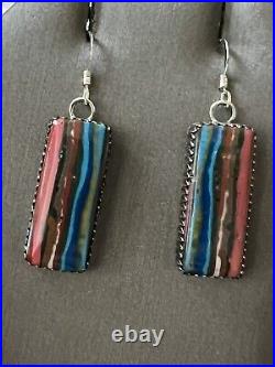 Rainbow calsilica Rectangle Sterling Silver Navajo AJoe sign earrings 3188